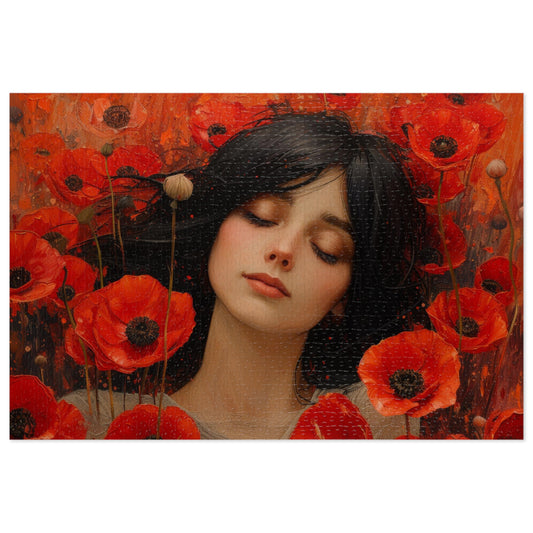 Woman Amidst Red Poppies Art Puzzle, 110-1000pc, Serene Floral Jigsaw, Shipped in a Metal Box