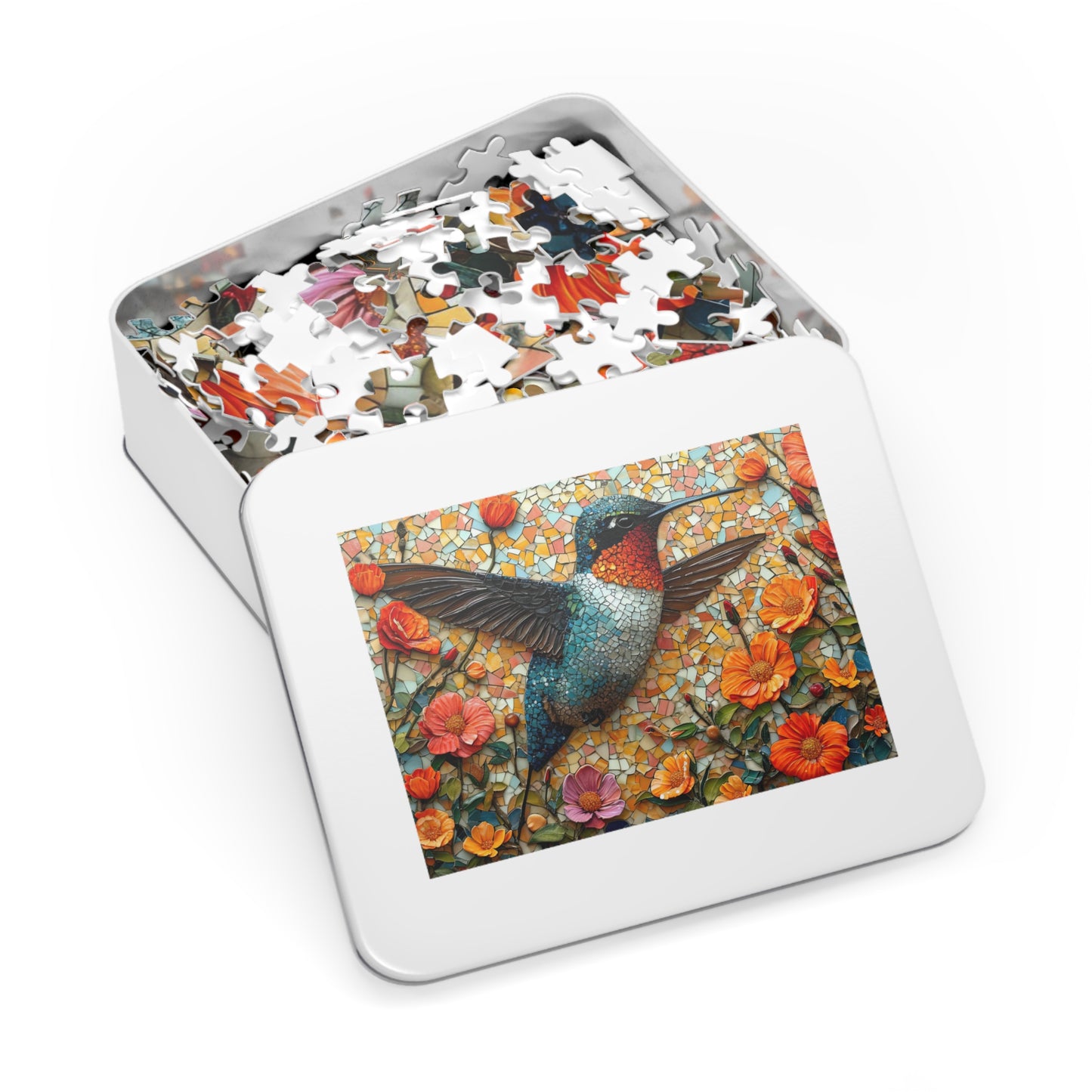 Vibrant Mosaic Hummingbird Puzzle - 110-1000 Pieces, Floral Artistry for Nature Lovers! Metal Box