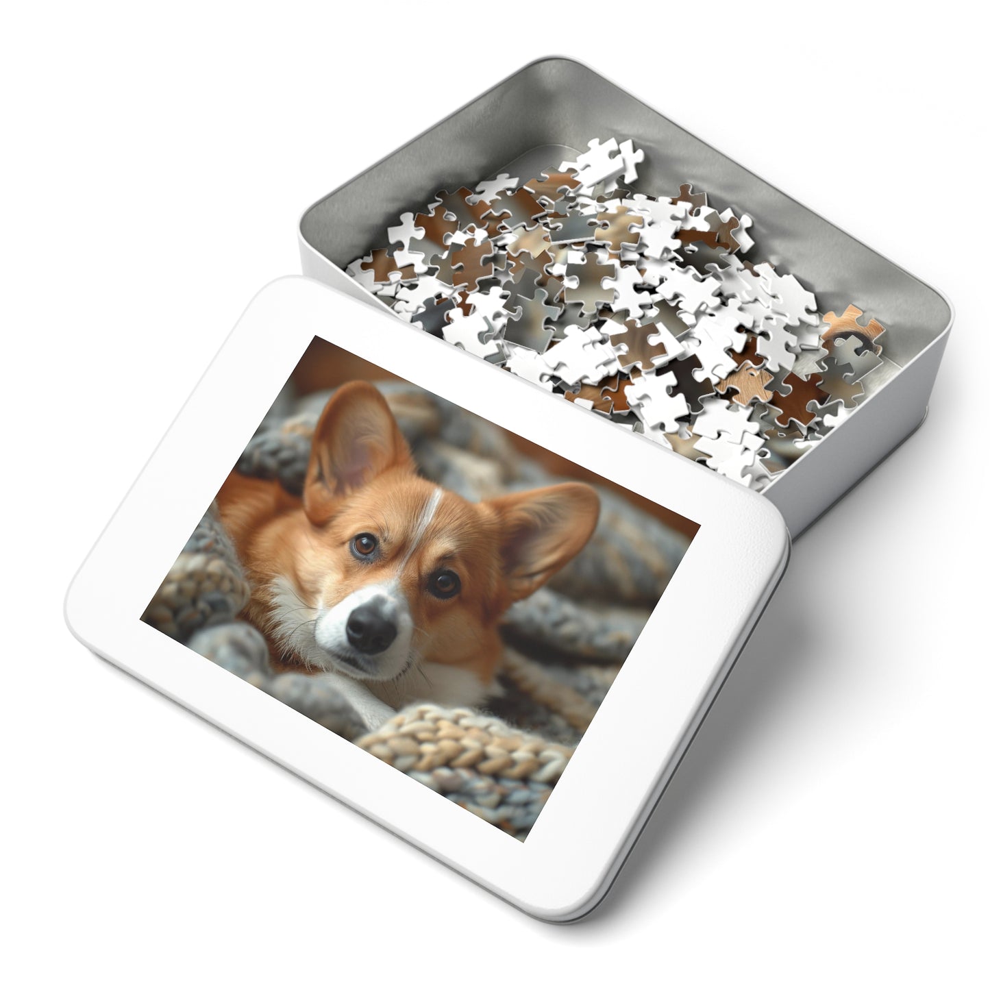 Cozy Corgi Puppy Puzzle - Snuggle Up with 110-1000 Piece Sets, Adorable Dog Jigsaw! Metal Box