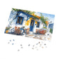 Sun-Kissed Greek Café Watercolor Puzzle: Vivid Blues, Shipped in a Metal Box