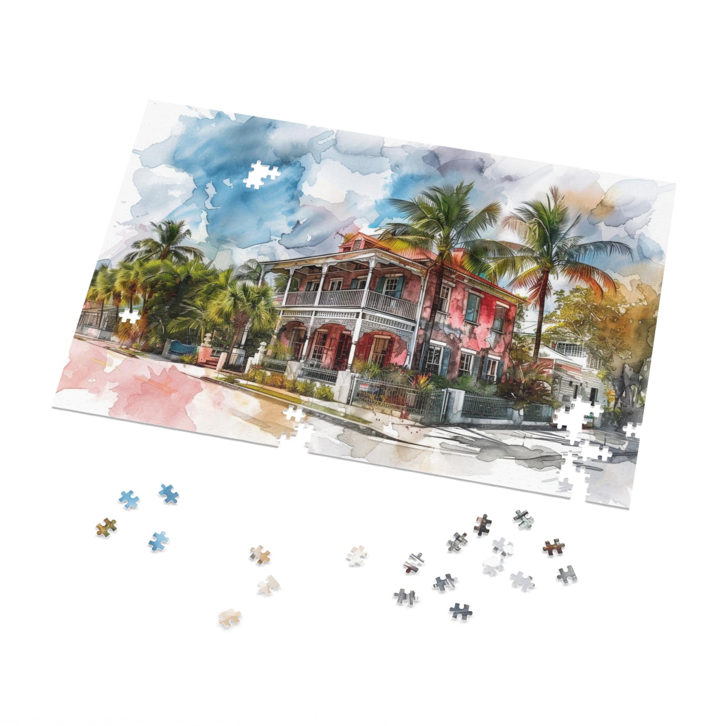 Tropical Watercolor Mansion Puzzle - Vivid, Serene Artwork Shipped in a Metal Box