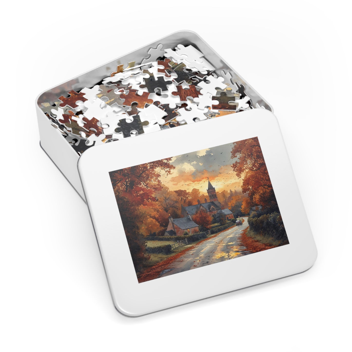 Quaint English Village Autumn Puzzle - 110-1000 Pieces, Idyllic Countryside Jigsaw! Metal Box