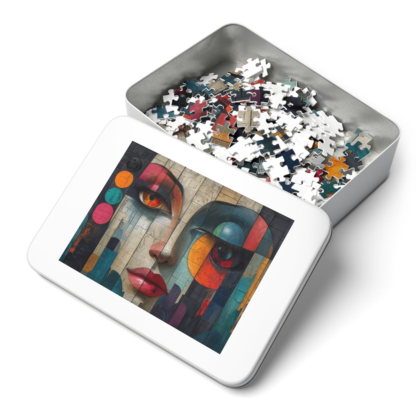 Abstract Cubist Woman Face Mural Puzzle, 110-1000pc, Artistic Modern Jigsaw, Shipped in a Metal Box