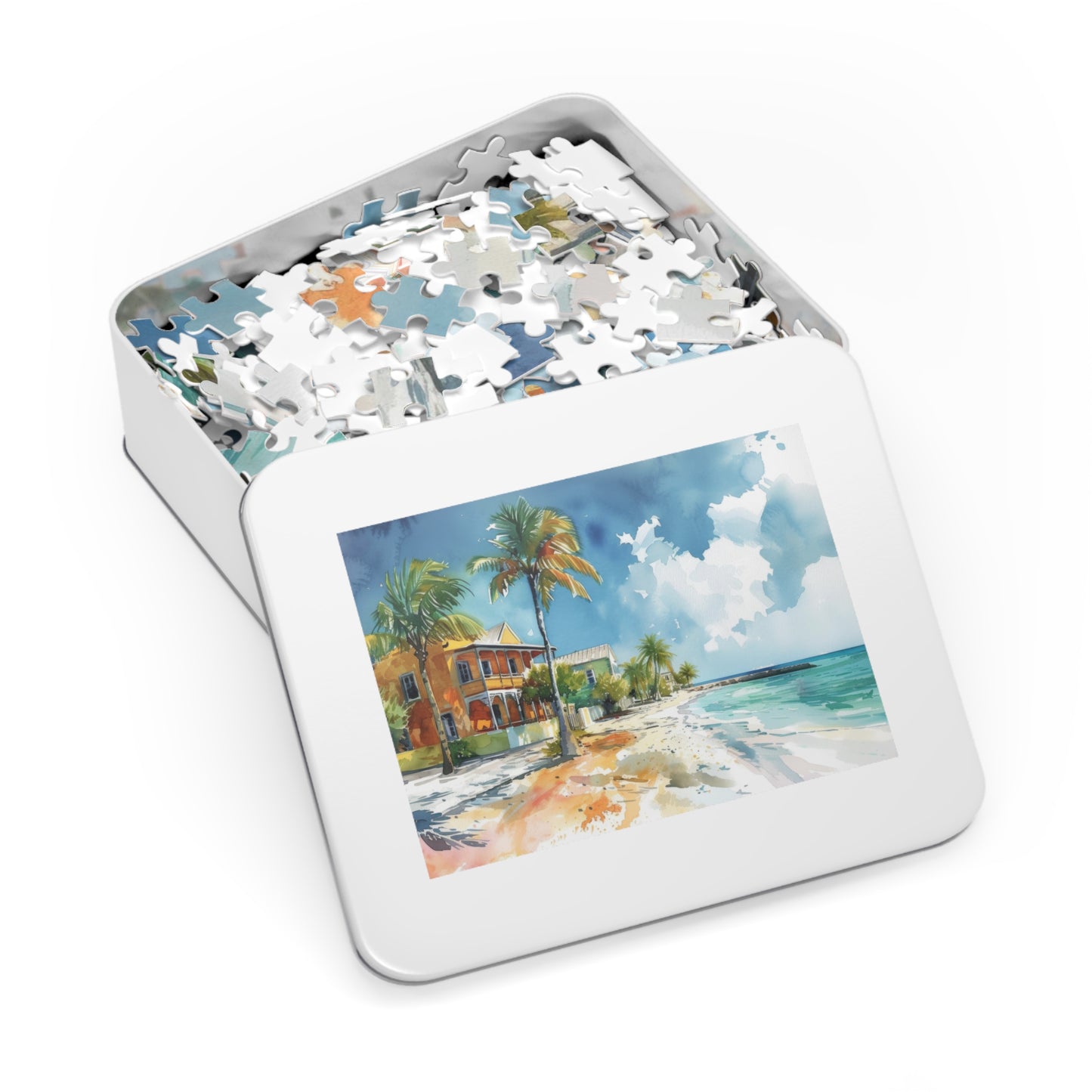 Seaside Bliss Watercolor - Tropical Beach & Historic House Puzzle, Shipped in a Metal Box