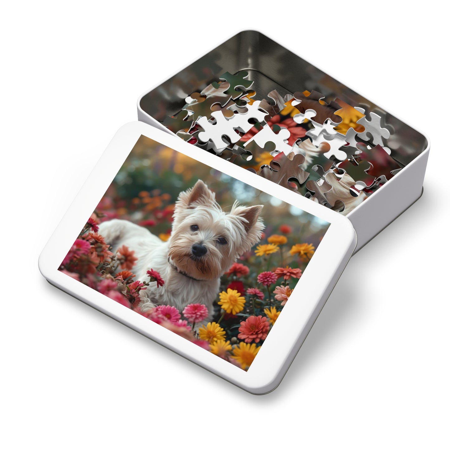 Adorable Westie in Bloom Puzzle Set - 110-1000 Pieces, Perfect Pet & Flower Jigsaw! Metal Box