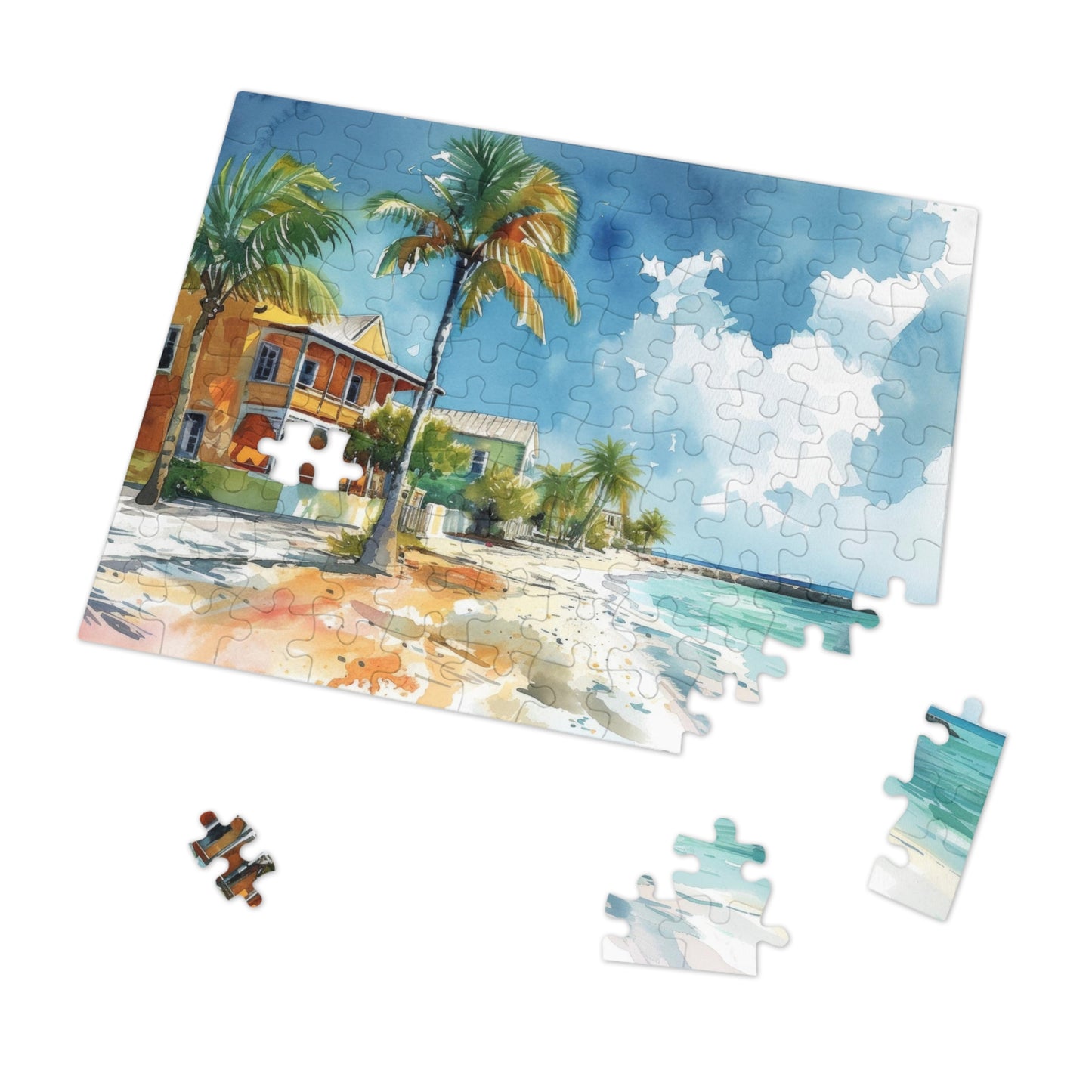 Seaside Bliss Watercolor - Tropical Beach & Historic House Puzzle, Shipped in a Metal Box