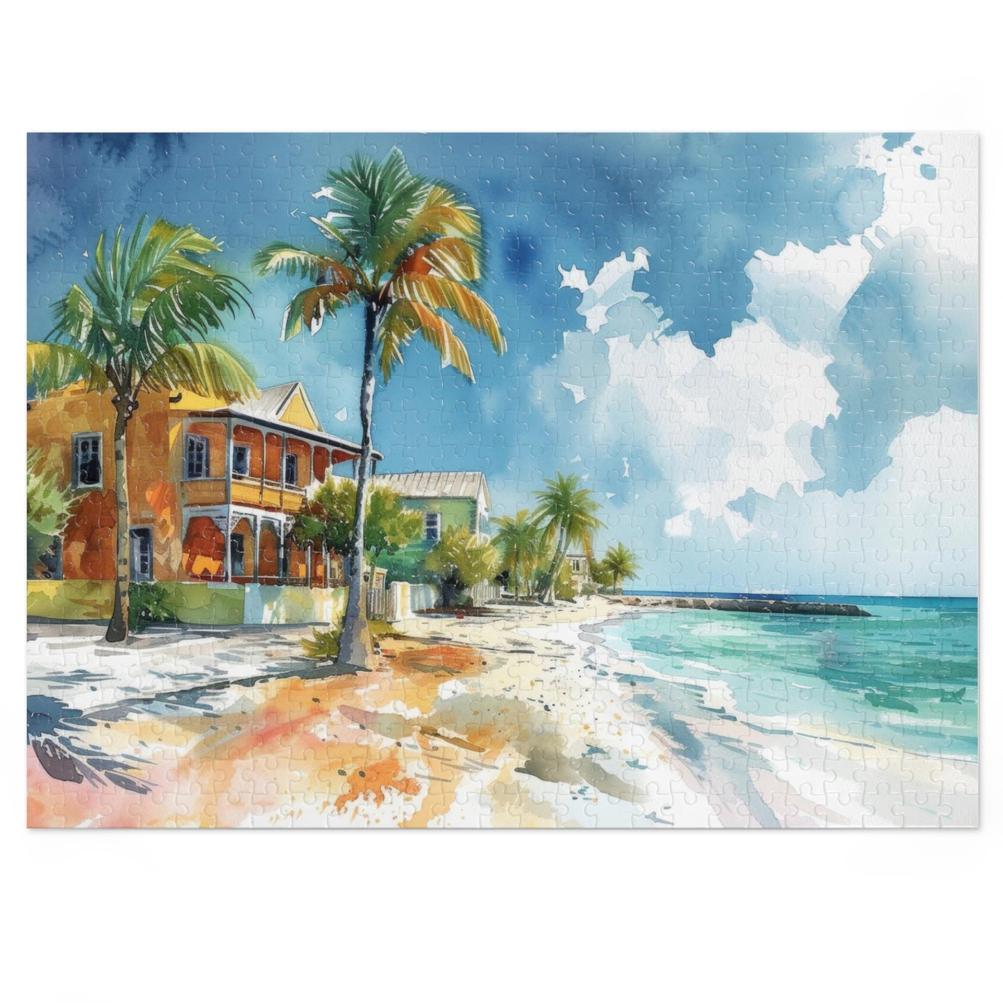 Seaside Bliss Watercolor - Tropical Beach & Historic House Puzzle, Shipped in a Metal Box