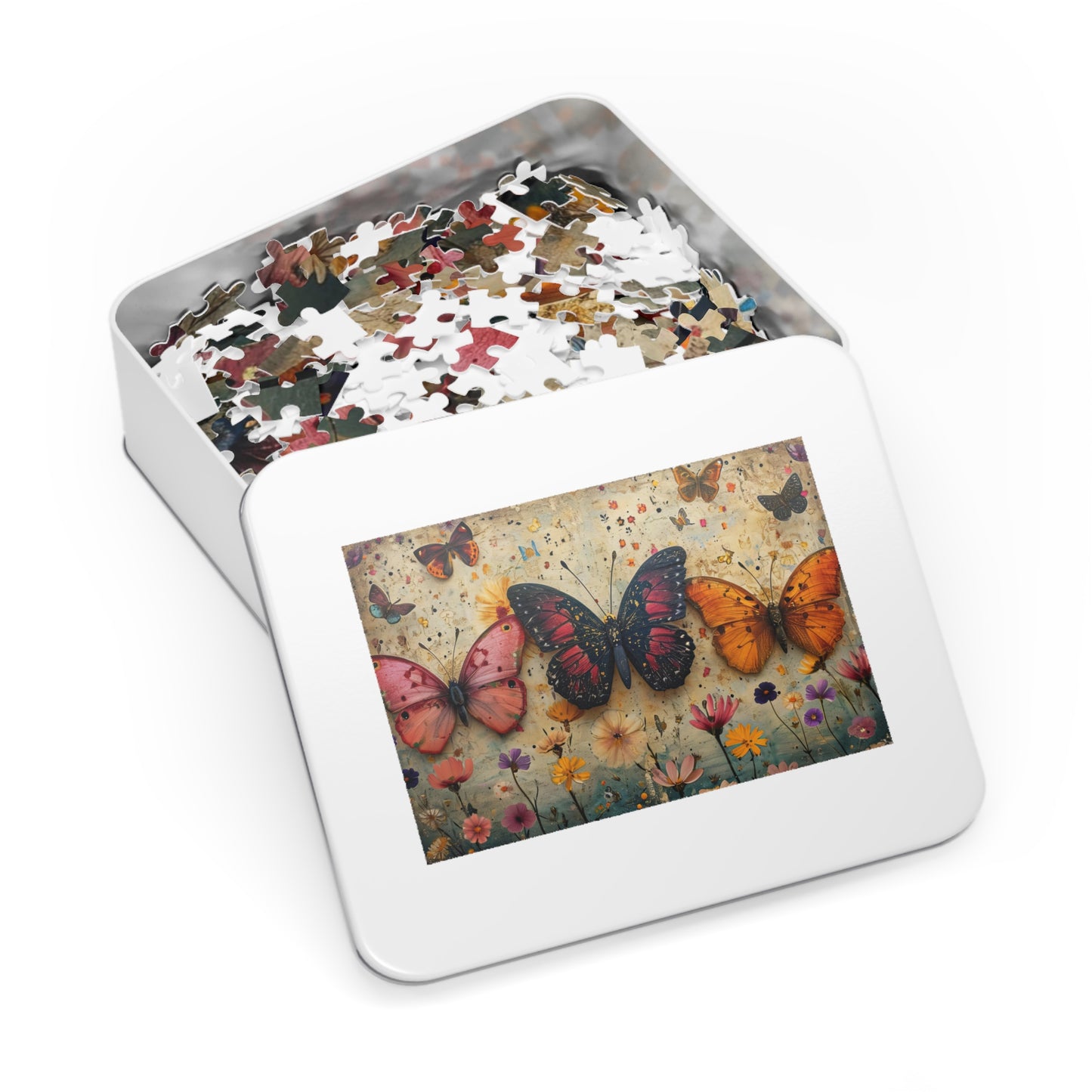 Antique Floral Butterfly Puzzle - 110-1000 Pieces, Immersive Vintage Nature Experience! Metal Box