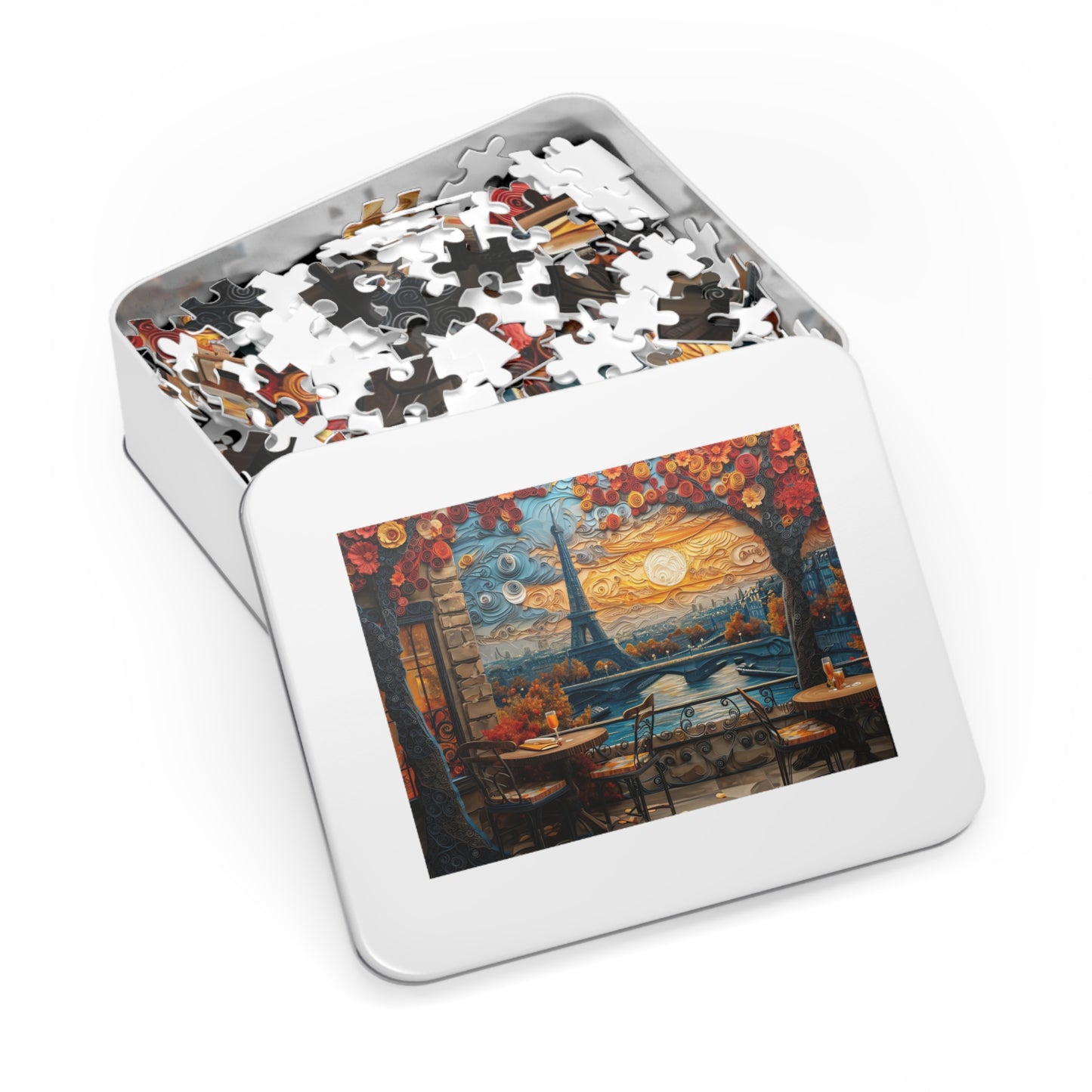 Charming Paper-Quilled Parisian Café Puzzle - 110-1000 Pieces, Artistic Cityscape Jigsaw! Metal Box