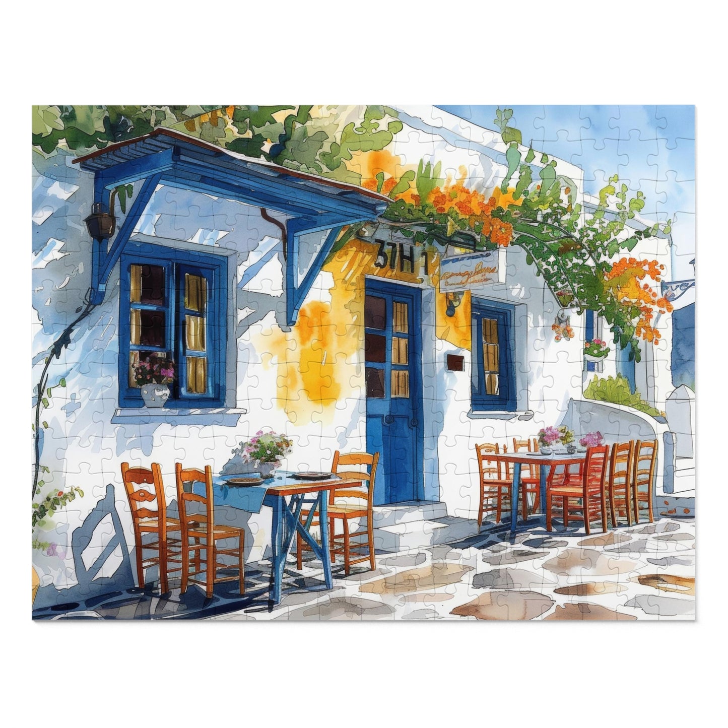 Sun-Kissed Greek Café Watercolor Puzzle: Vivid Blues, Shipped in a Metal Box