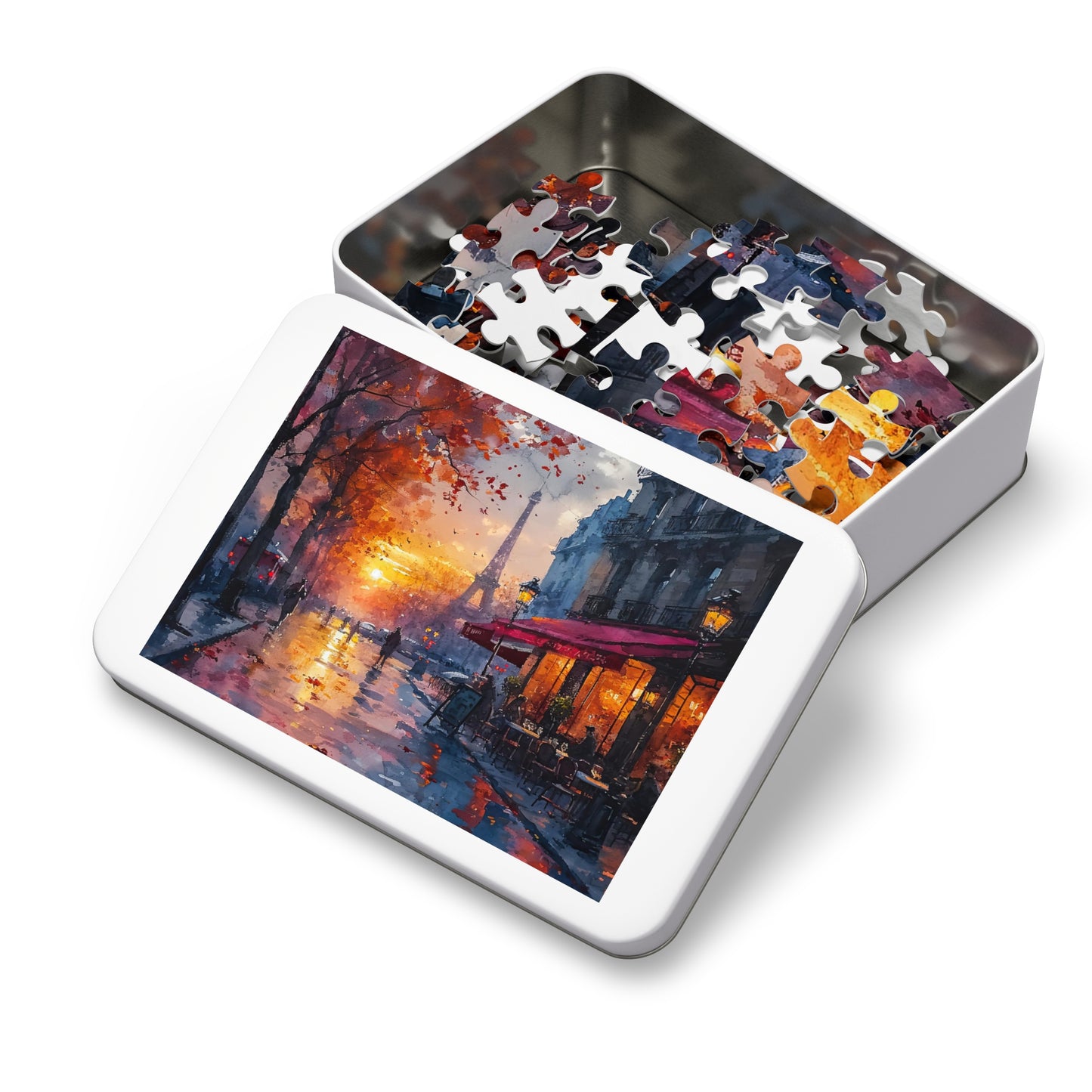 Parisian Sunset Watercolor Puzzle - 110-1000 Pieces, Romantic Paris Streetscape Jigsaw! Metal Box