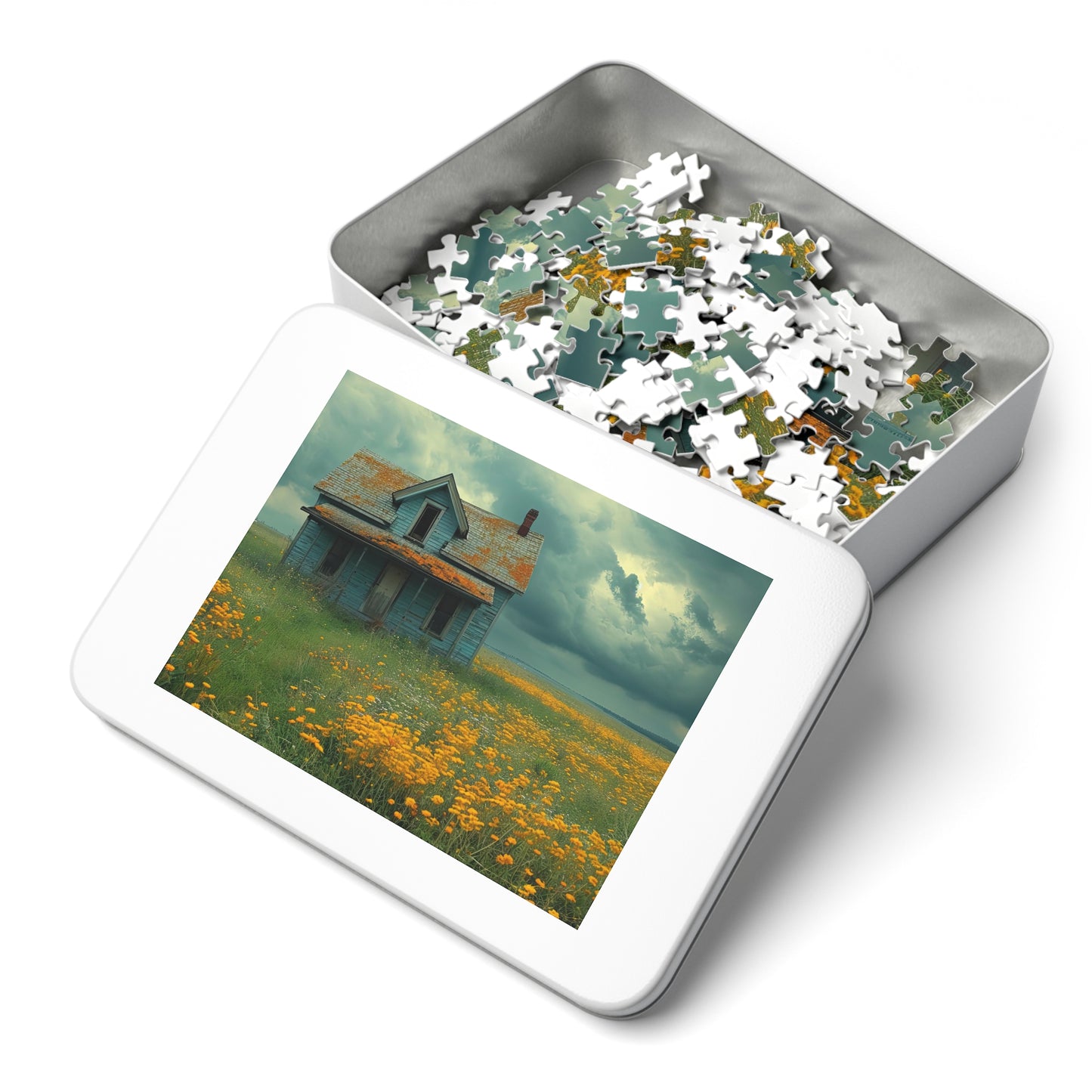 Abandoned Prairie Homestead Puzzle - Rustic Charm in 110-1000 Pieces, Ideal for Collectors! Metal Box