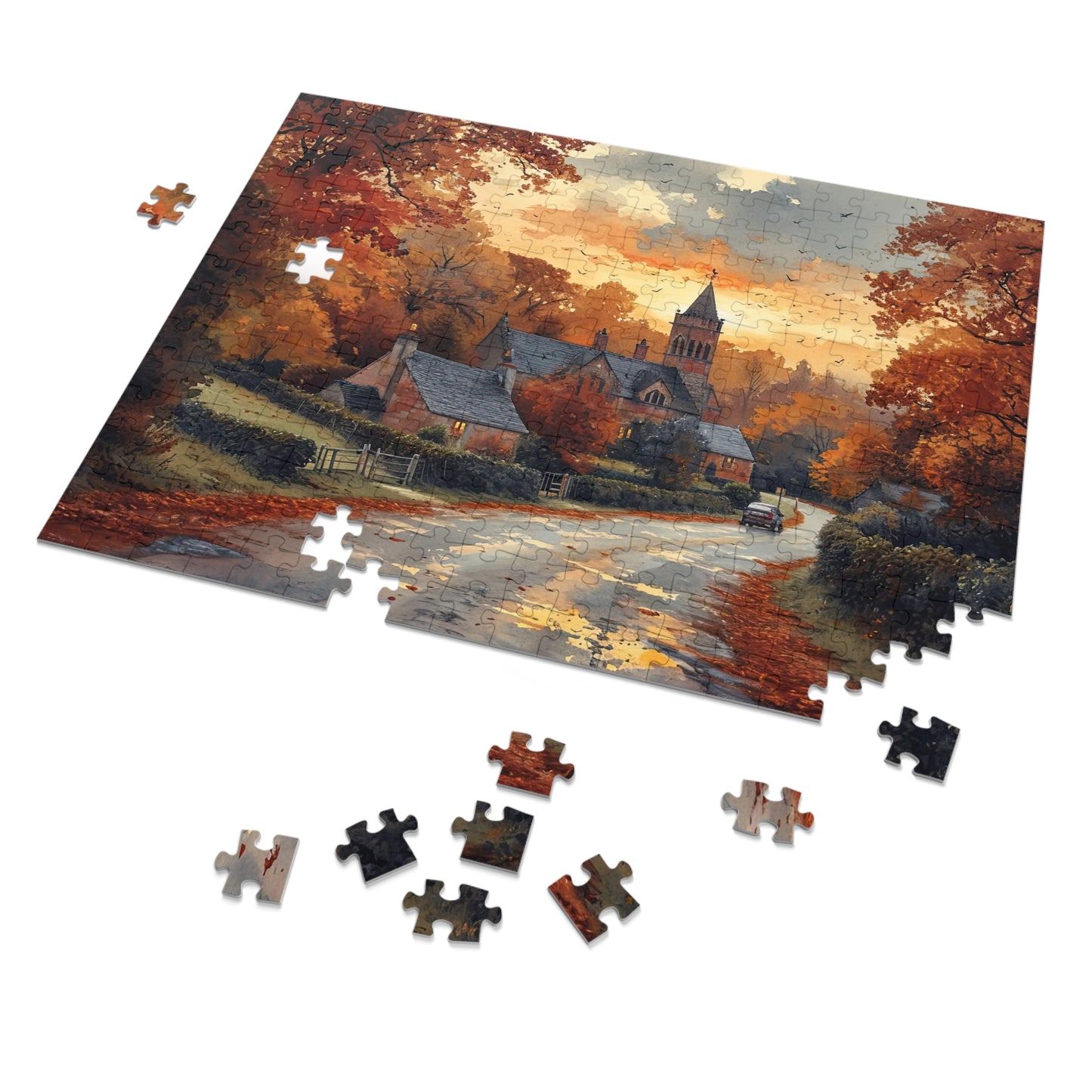 Quaint English Village Autumn Puzzle - 110-1000 Pieces, Idyllic Countryside Jigsaw! Metal Box