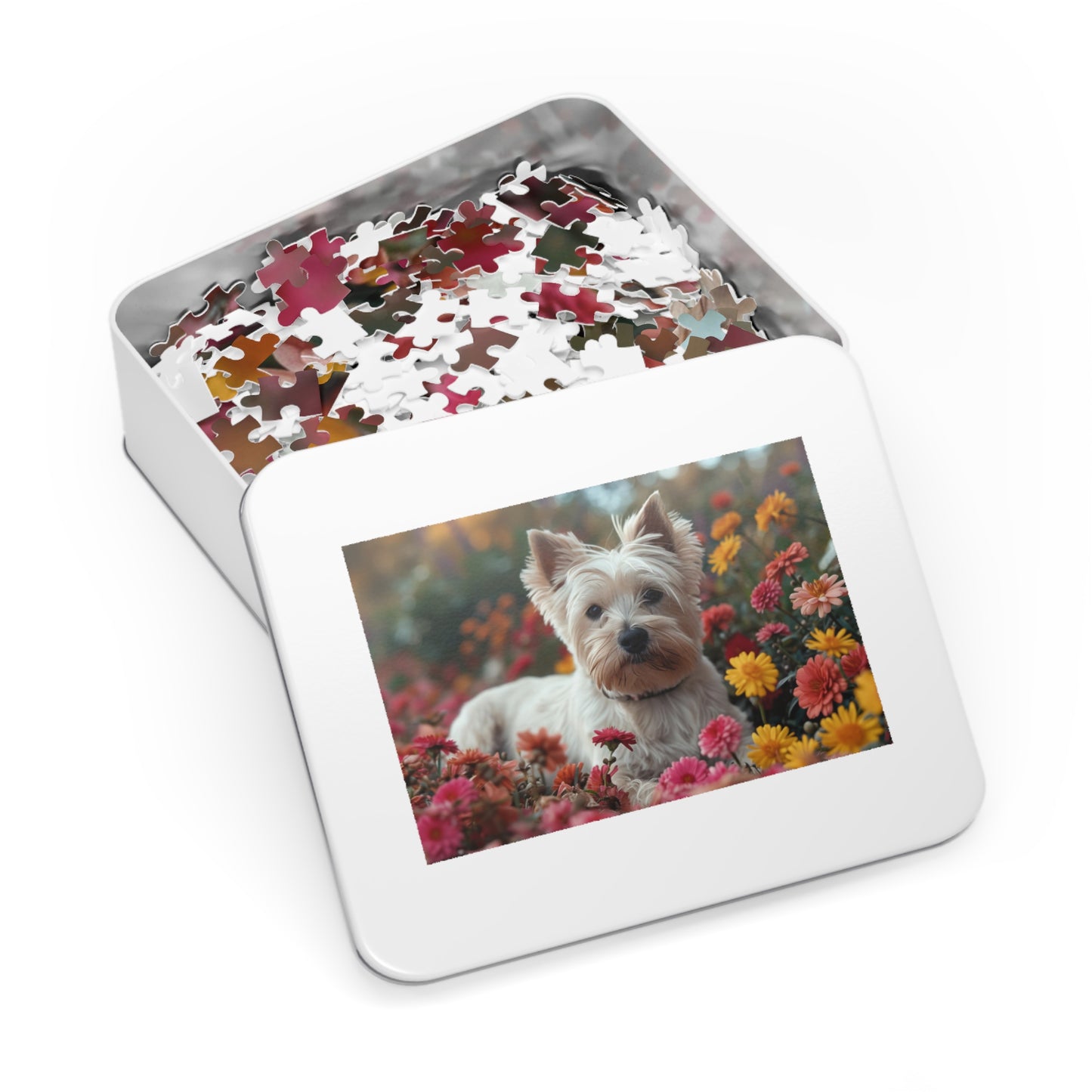 Adorable Westie in Bloom Puzzle Set - 110-1000 Pieces, Perfect Pet & Flower Jigsaw! Metal Box