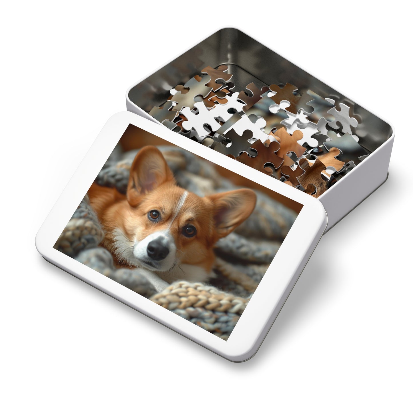 Cozy Corgi Puppy Puzzle - Snuggle Up with 110-1000 Piece Sets, Adorable Dog Jigsaw! Metal Box