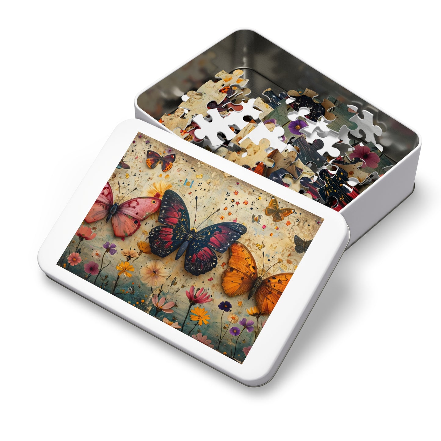 Antique Floral Butterfly Puzzle - 110-1000 Pieces, Immersive Vintage Nature Experience! Metal Box