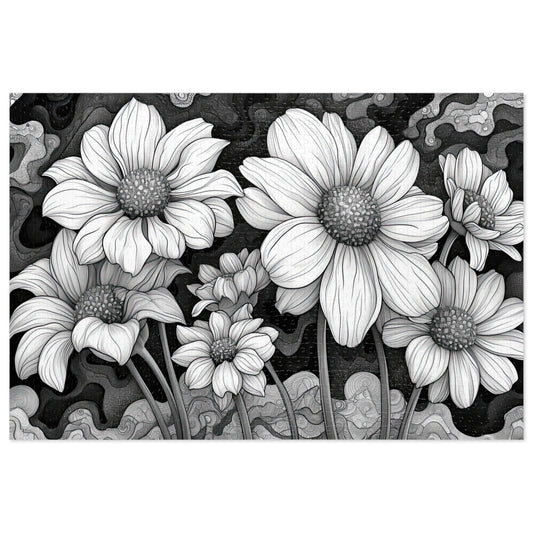 Elegant Monochrome Floral Puzzle - 110-1000 Pieces, Chic Black & White Blossoms for Decor! Metal Box