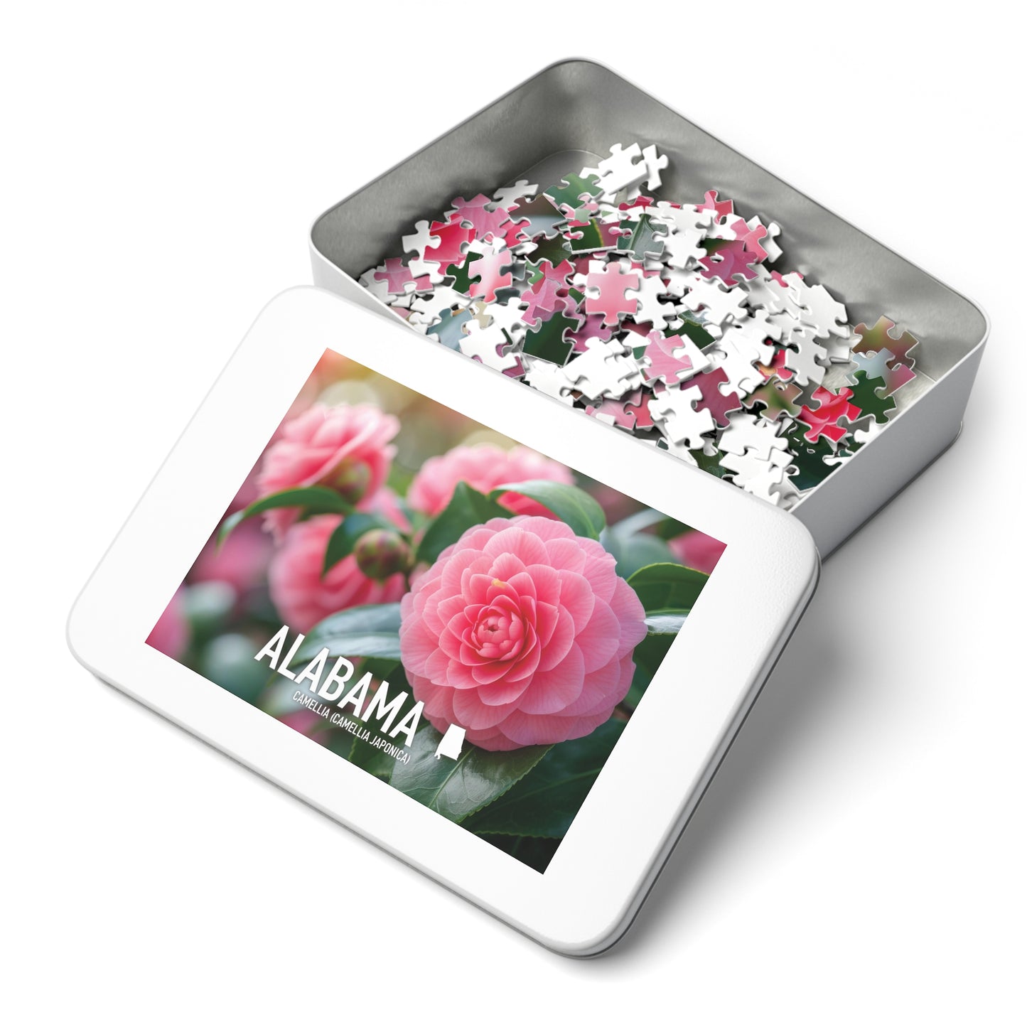 Vibrant Alabama State Flower Camellia Jigsaw Puzzle Set - 110 to 1000 pcs, Metal Box