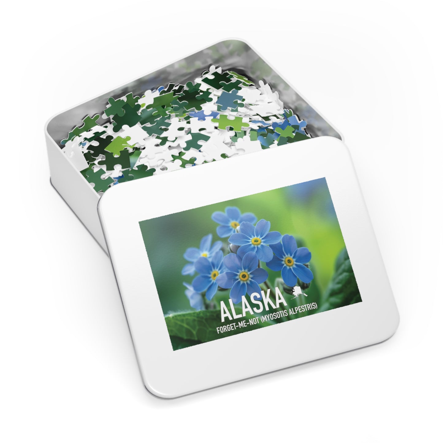 State Flower of Alaska Forget-Me-Not Jigsaw Puzzle Collection - 110 to 1000 Pieces! Metal Box