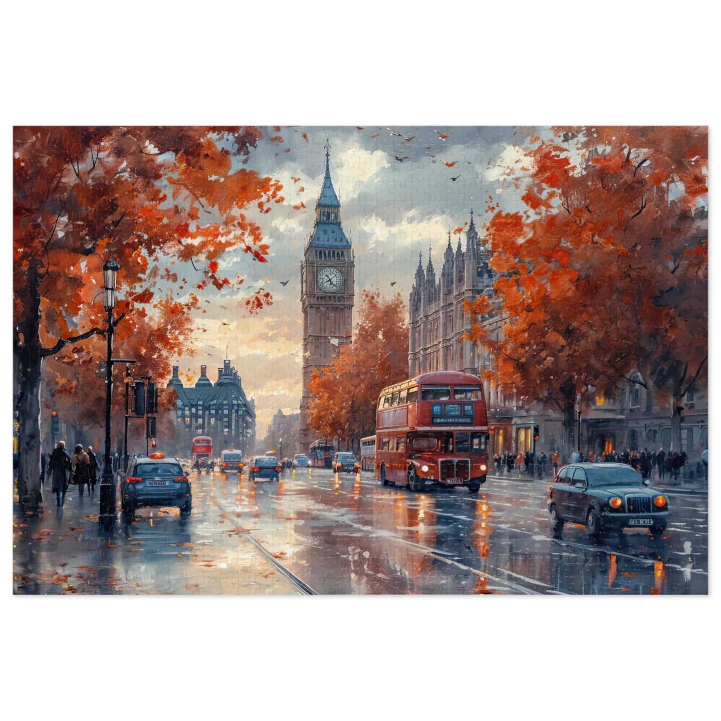 London Wet Street Sunset Puzzle, Available in 110, 252, 500 and 1000 Pieces, Iconic Red Bus & Big Ben, Rainy Twilight, Reflective, Metal Box