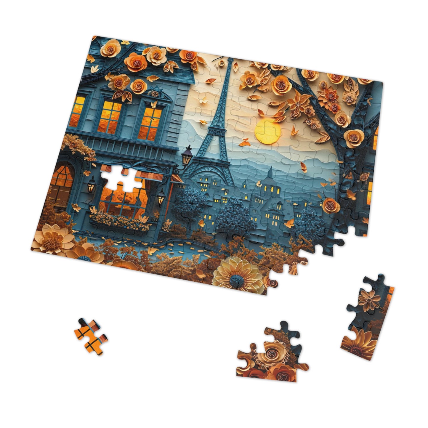 Parisian Paper Art Puzzle - Quilled Eiffel Tower in Autumn, 110-1000 Pieces for Crafters! Metal Box