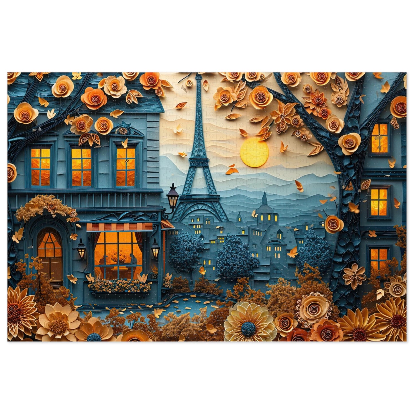 Parisian Paper Art Puzzle - Quilled Eiffel Tower in Autumn, 110-1000 Pieces for Crafters! Metal Box