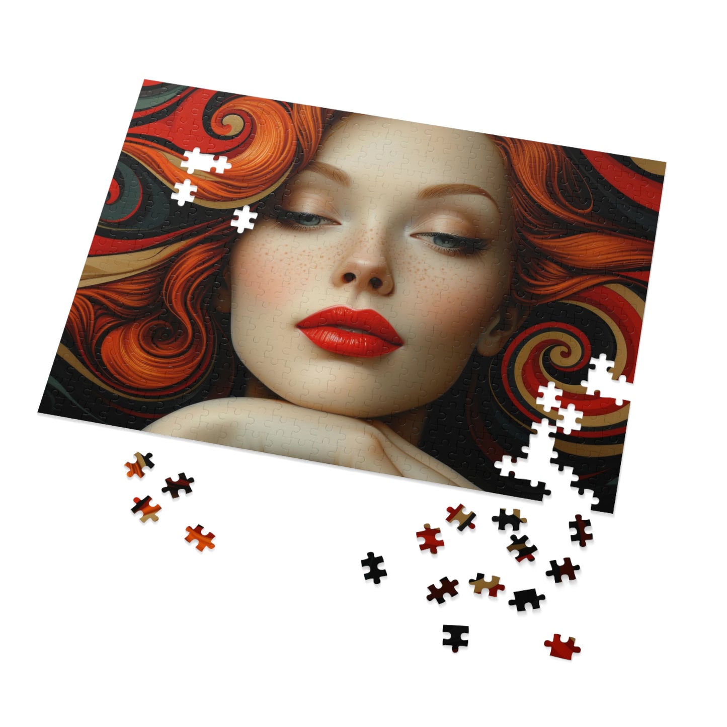 Red Swirls Artistic Woman Portrait Puzzle, Unique Jigsaw, Sizes 110-1000pc, Shipped in a Metal Box