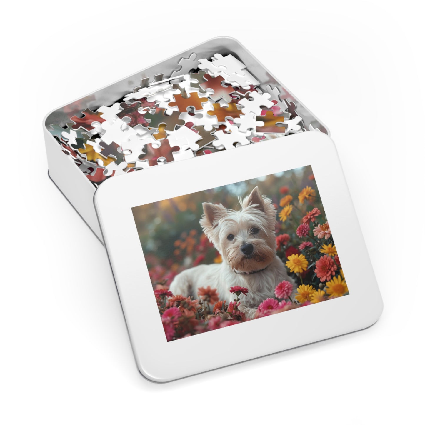 Adorable Westie in Bloom Puzzle Set - 110-1000 Pieces, Perfect Pet & Flower Jigsaw! Metal Box