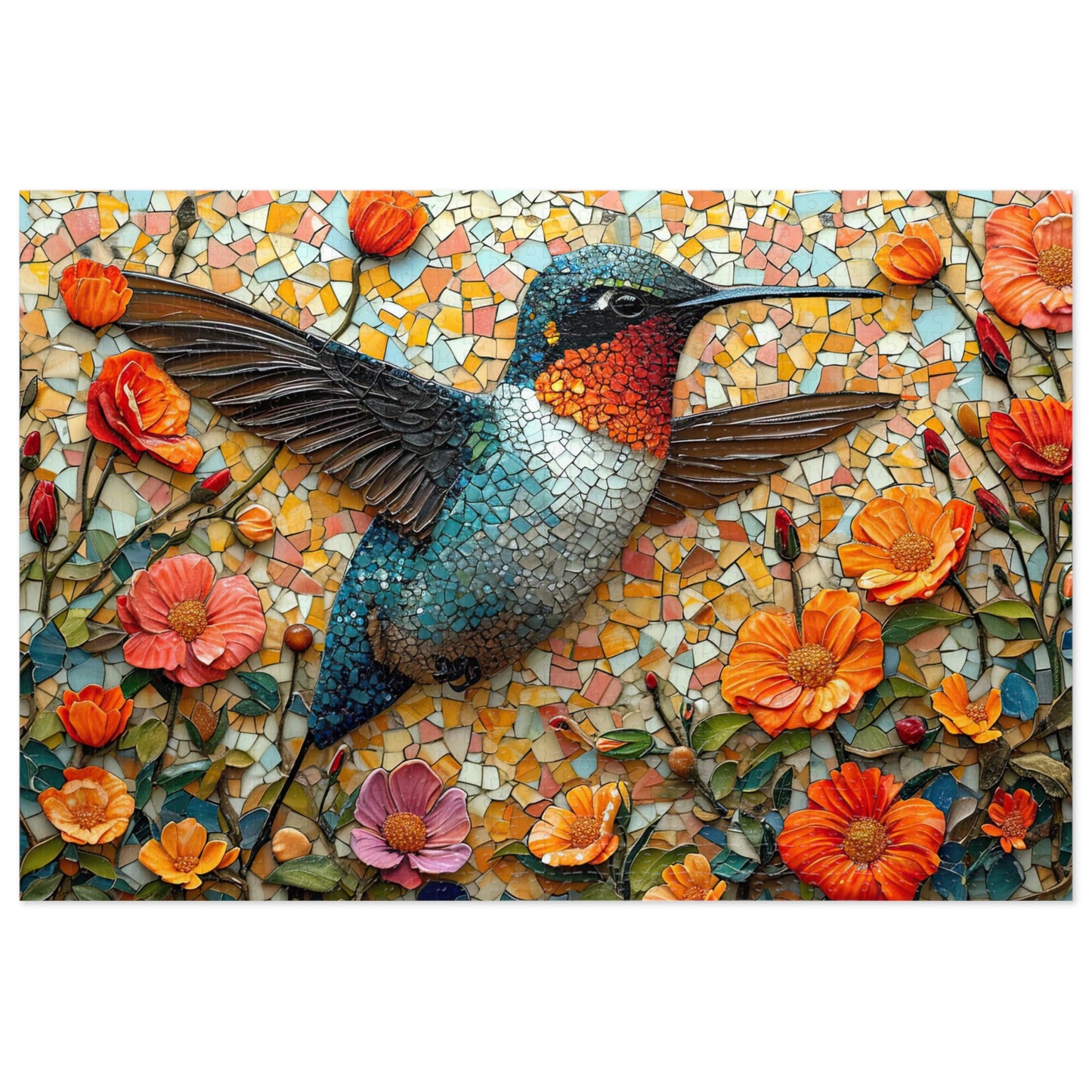 Vibrant Mosaic Hummingbird Puzzle - 110-1000 Pieces, Floral Artistry for Nature Lovers! Metal Box