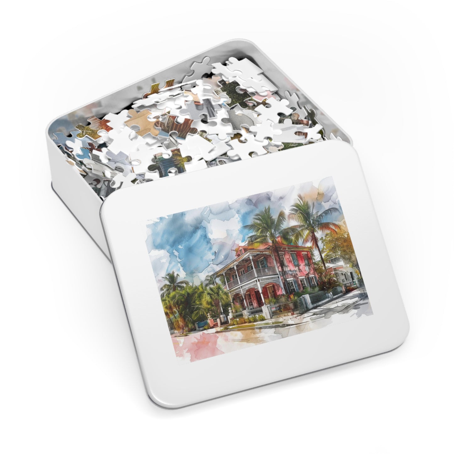 Tropical Watercolor Mansion Puzzle - Vivid, Serene Artwork Shipped in a Metal Box