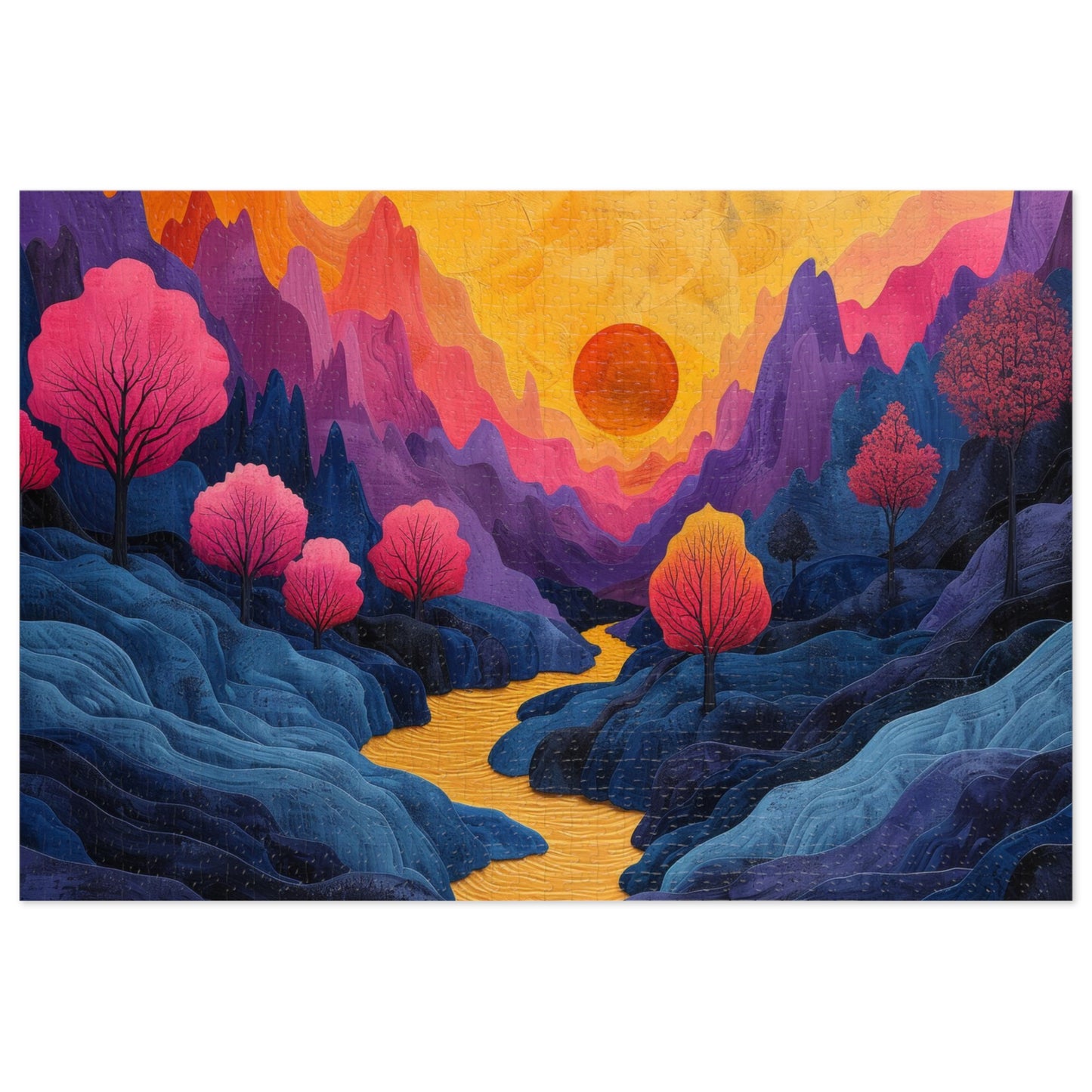 Surreal Sunset Landscape Puzzle, Vibrant Trees & River, 110-1000pc, Shipped in a Metal Box