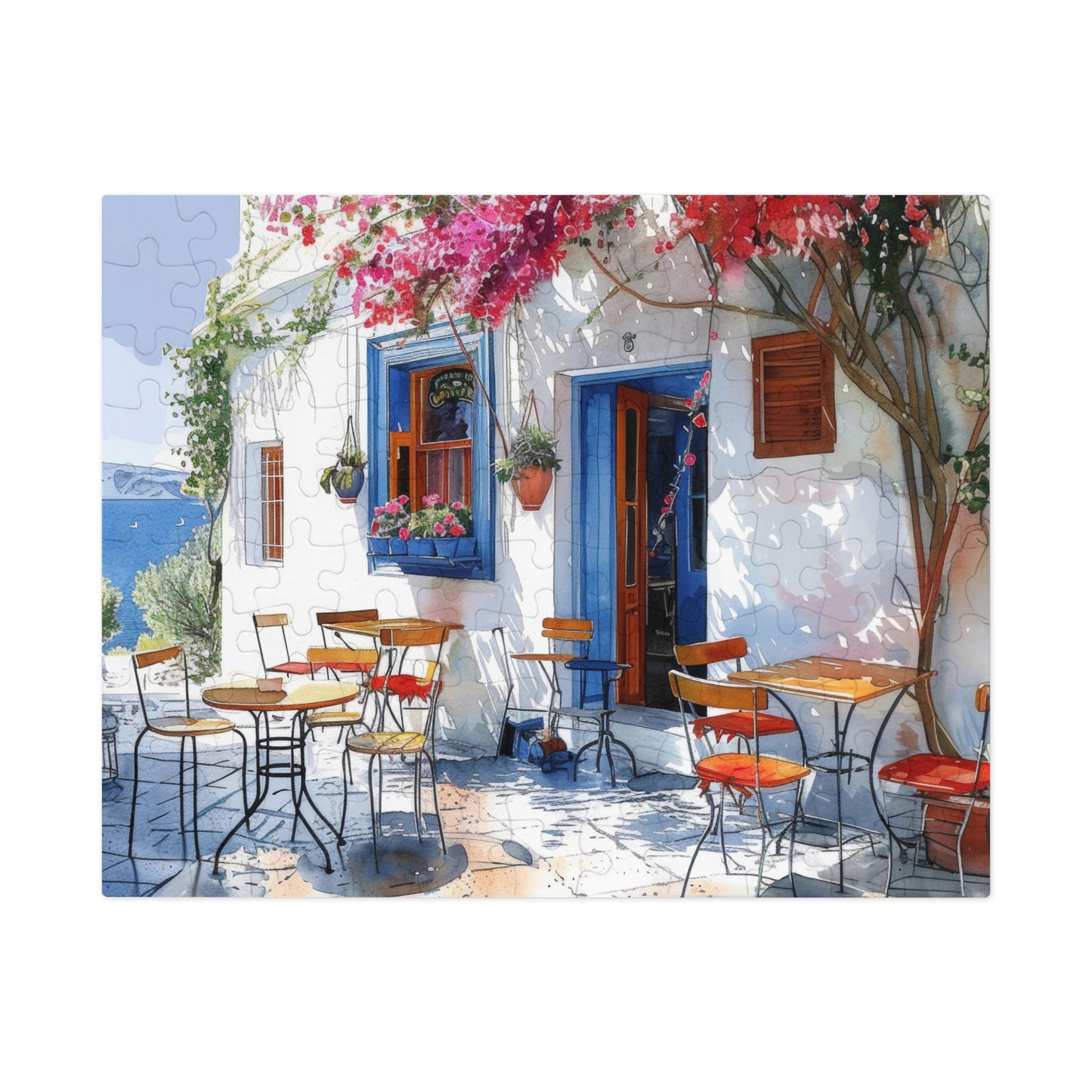 Idyllic Café Charm Watercolor Puzzle: Coastal Scene with Blossoms, Shipped in a Metal Box