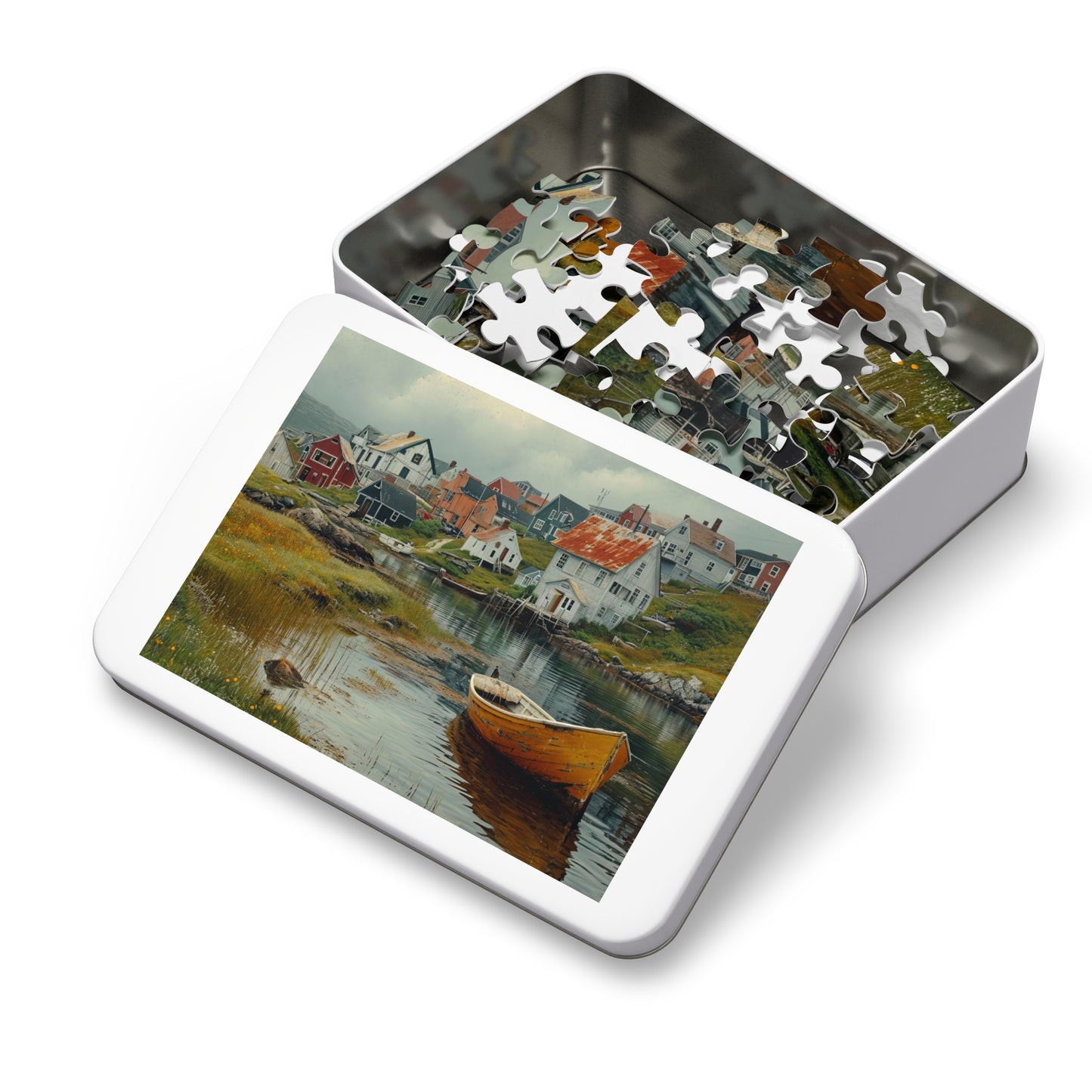 Newfoundland Village Puzzle - Coastal Charm in 110-1000 Pieces, Ideal for Puzzle Enthusiasts! Metal Box