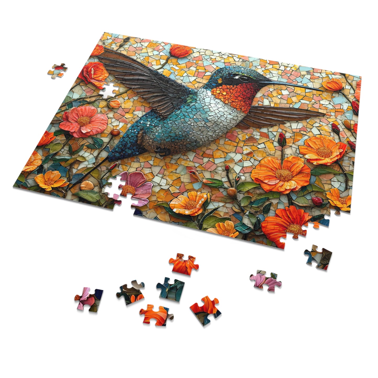 Vibrant Mosaic Hummingbird Puzzle - 110-1000 Pieces, Floral Artistry for Nature Lovers! Metal Box