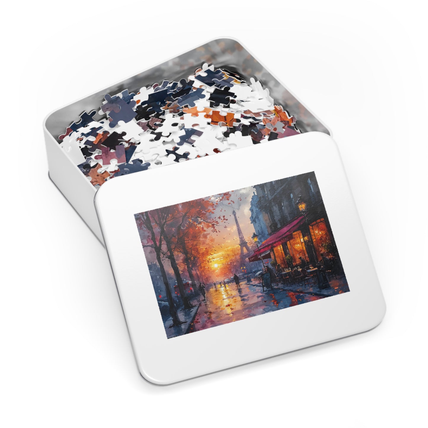 Parisian Sunset Watercolor Puzzle - 110-1000 Pieces, Romantic Paris Streetscape Jigsaw! Metal Box