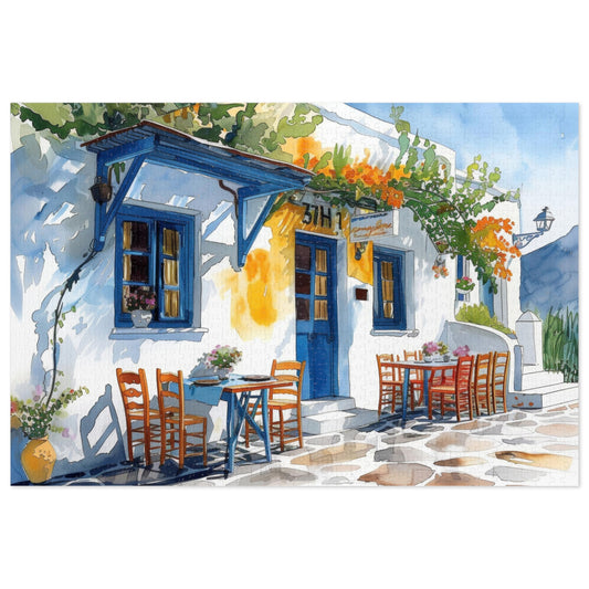 Sun-Kissed Greek Café Watercolor Puzzle: Vivid Blues, Shipped in a Metal Box