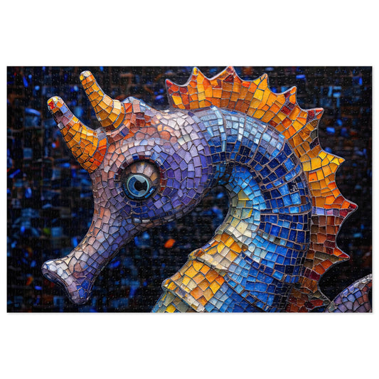 Mosaic Seahorse Puzzle, Available in 110, 252, 500 & 1000 Pieces, Intricate Ocean Art, Vibrant Tile Craftsmanship, Marine Life, Metal Box