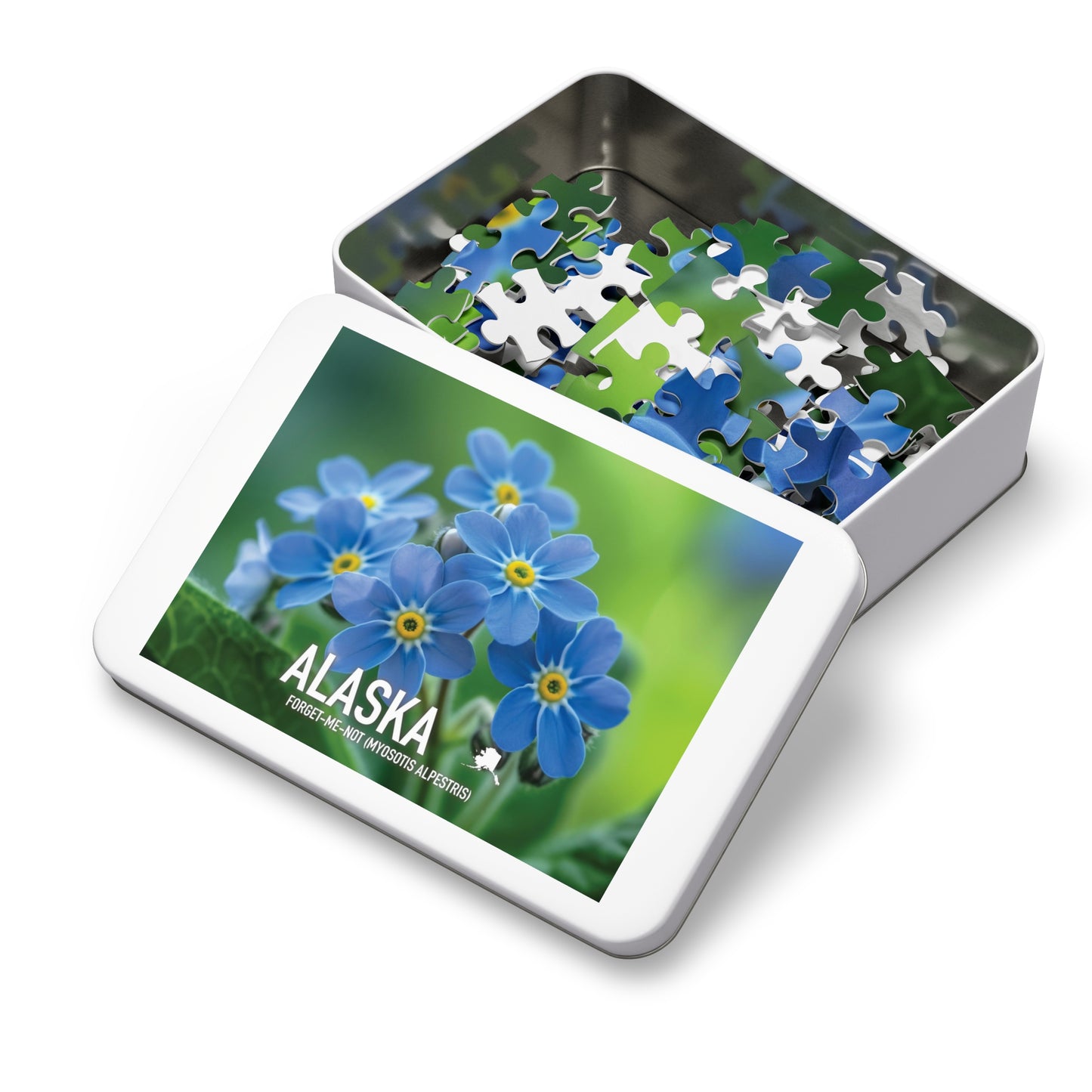 State Flower of Alaska Forget-Me-Not Jigsaw Puzzle Collection - 110 to 1000 Pieces! Metal Box