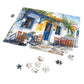 Sun-Kissed Greek Café Watercolor Puzzle: Vivid Blues, Shipped in a Metal Box