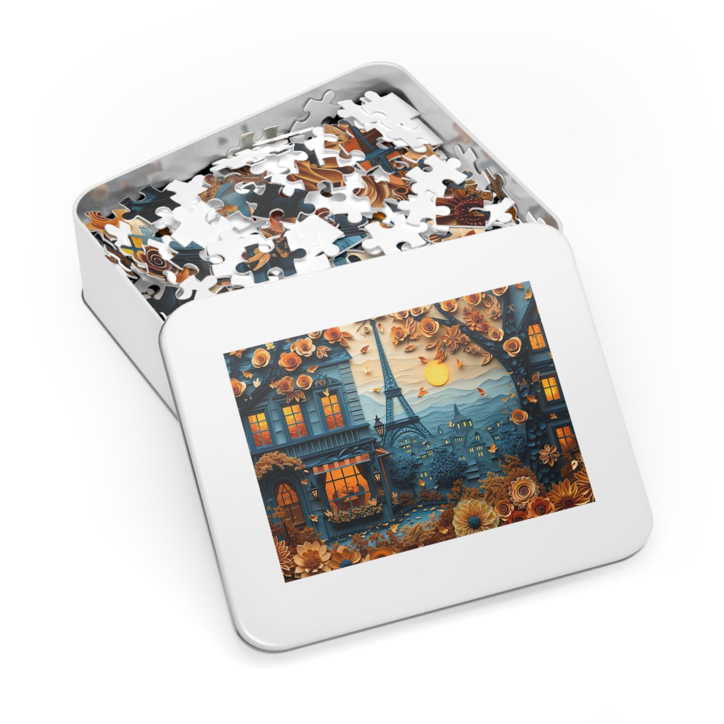 Parisian Paper Art Puzzle - Quilled Eiffel Tower in Autumn, 110-1000 Pieces for Crafters! Metal Box