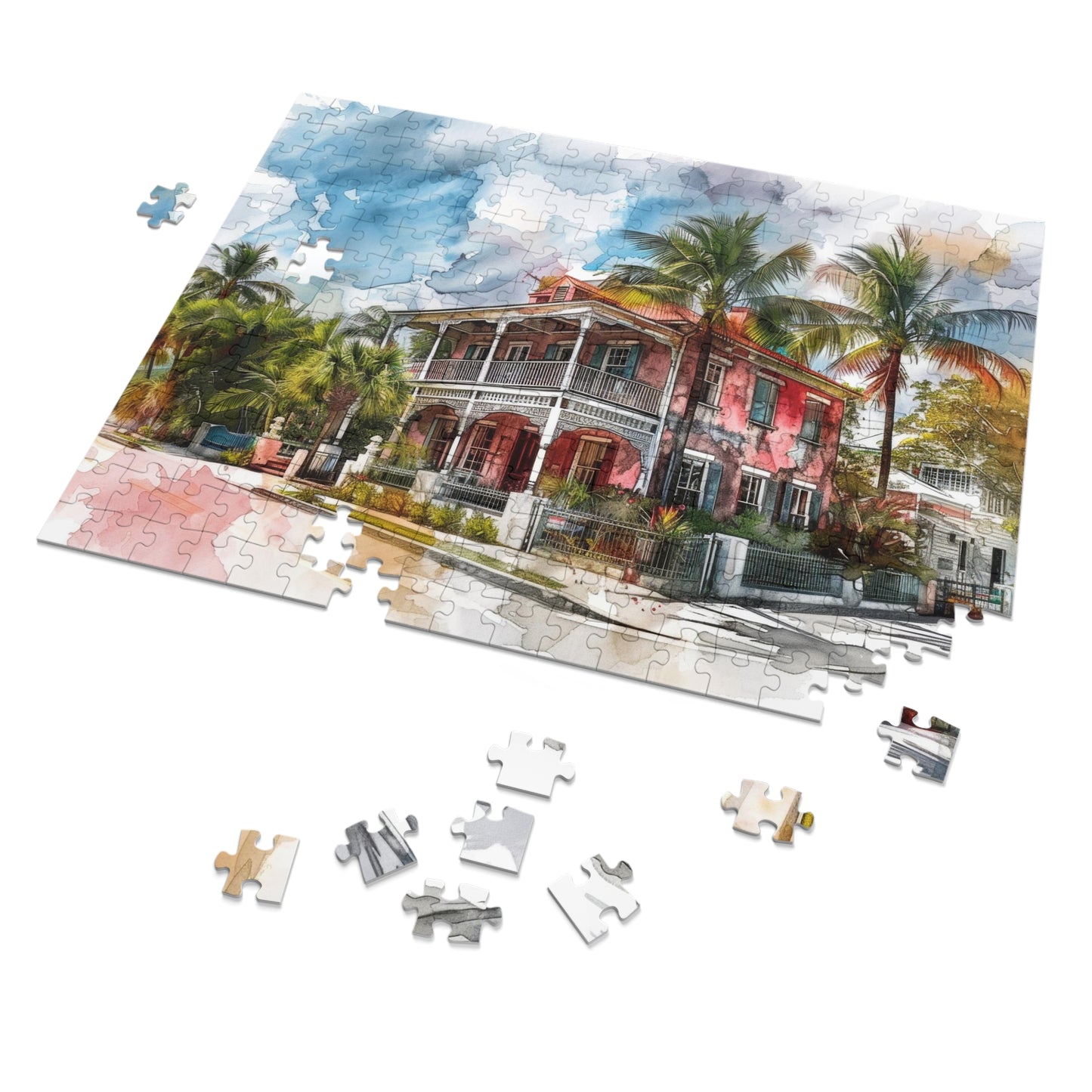 Tropical Watercolor Mansion Puzzle - Vivid, Serene Artwork Shipped in a Metal Box