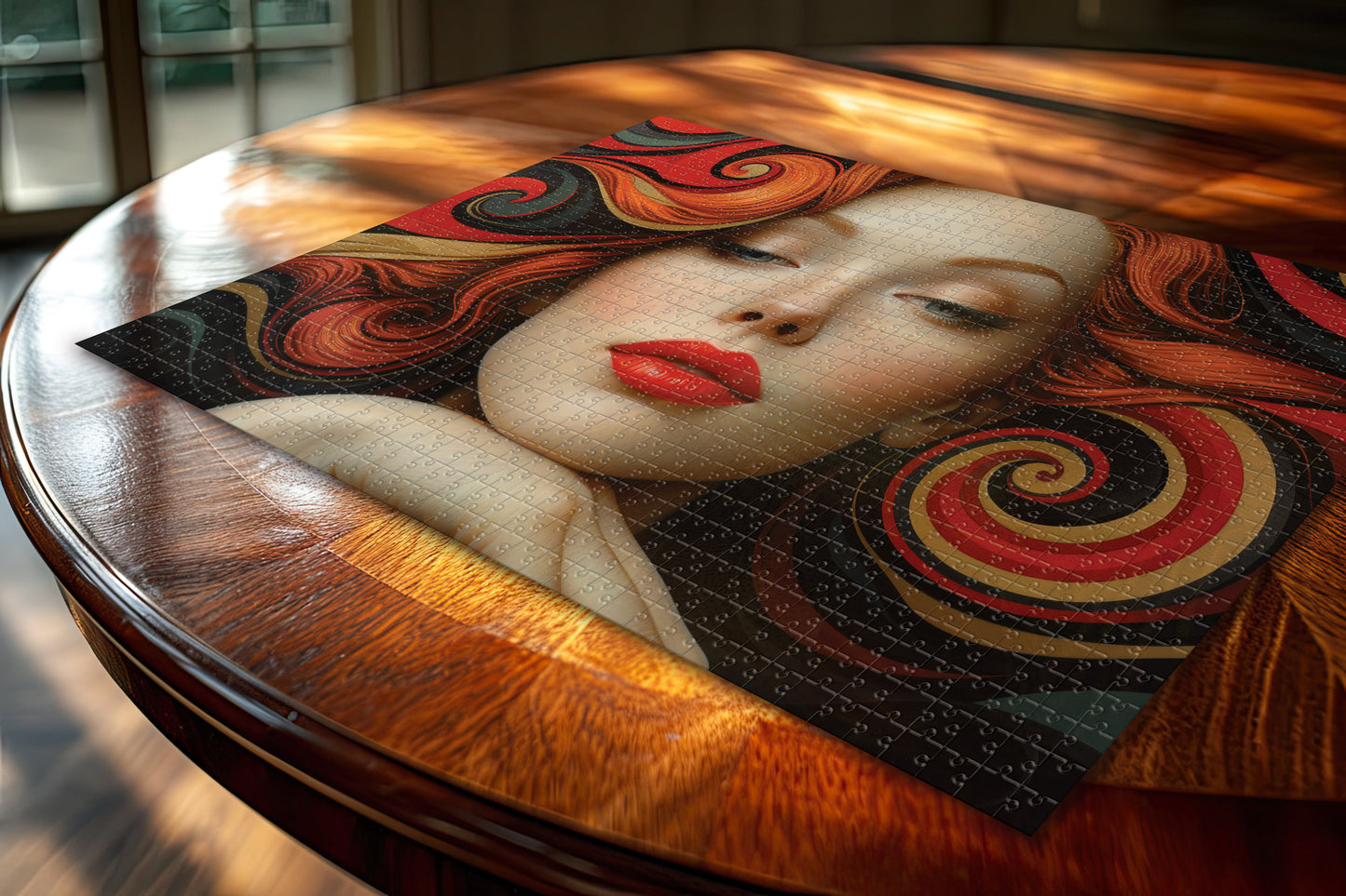 Red Swirls Artistic Woman Portrait Puzzle, Unique Jigsaw, Sizes 110-1000pc, Shipped in a Metal Box