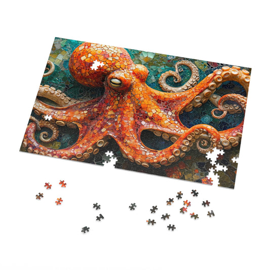 Mosaic Octopus Jigsaw Puzzle, Available in 110, 252, 500 & 1000 Pieces, Artistic Ocean Life, Colorful Tile Design, Detailed, Metal Box