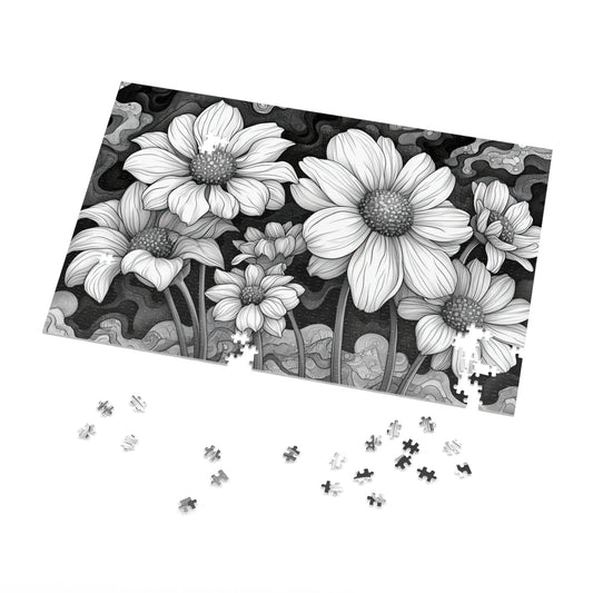 Elegant Monochrome Floral Puzzle - 110-1000 Pieces, Chic Black & White Blossoms for Decor! Metal Box