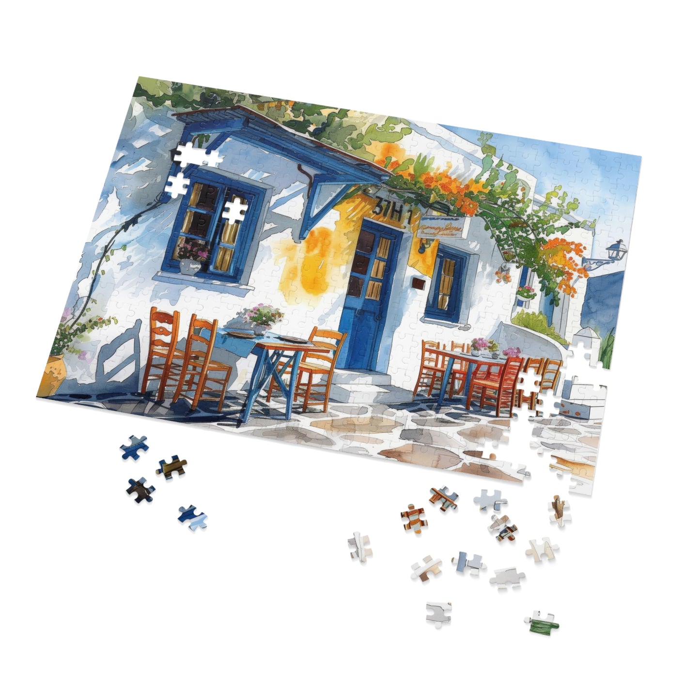 Sun-Kissed Greek Café Watercolor Puzzle: Vivid Blues, Shipped in a Metal Box