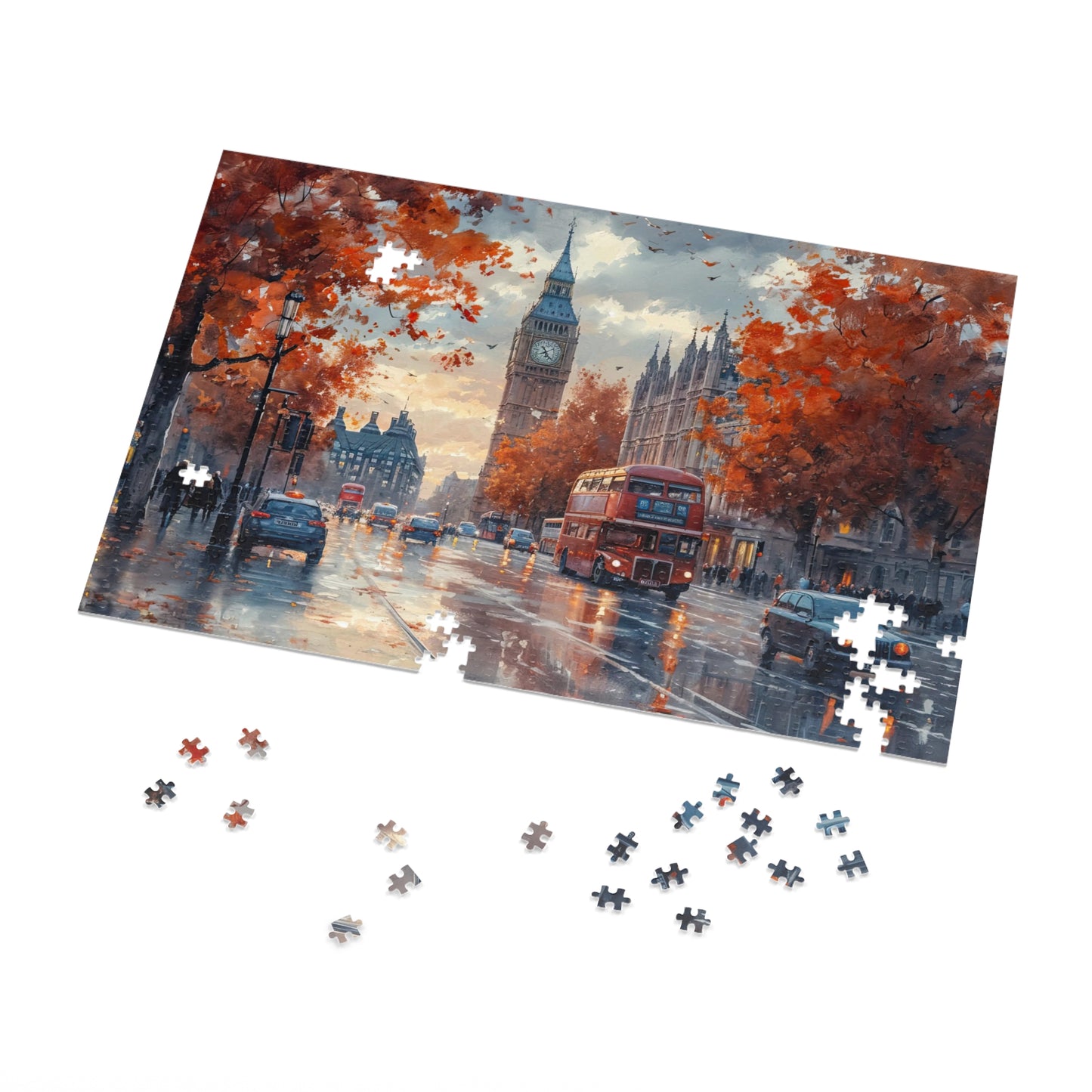 London Wet Street Sunset Puzzle, Available in 110, 252, 500 and 1000 Pieces, Iconic Red Bus & Big Ben, Rainy Twilight, Reflective, Metal Box