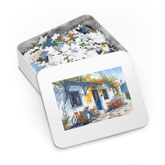 Sun-Kissed Greek Café Watercolor Puzzle: Vivid Blues, Shipped in a Metal Box