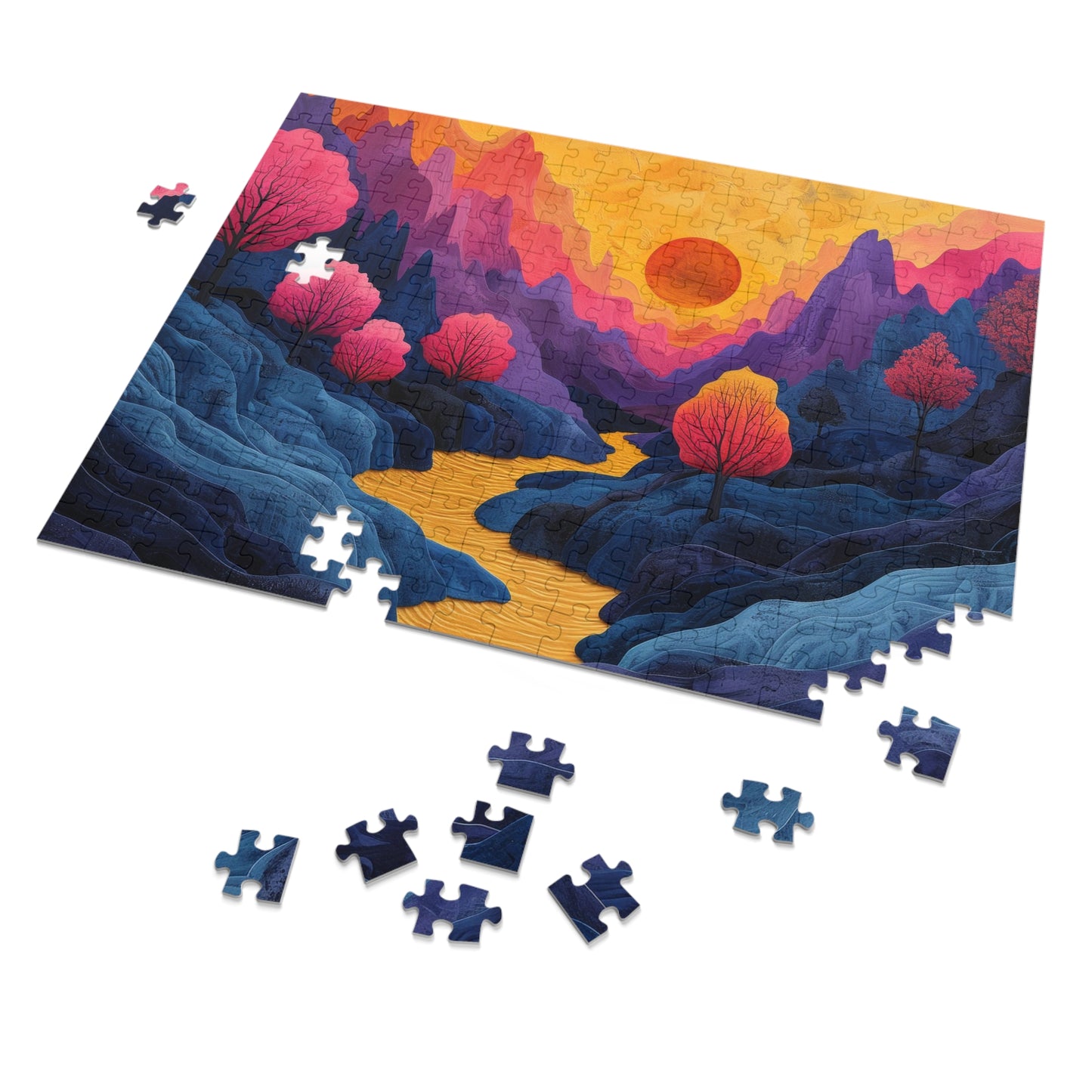 Surreal Sunset Landscape Puzzle, Vibrant Trees & River, 110-1000pc, Shipped in a Metal Box