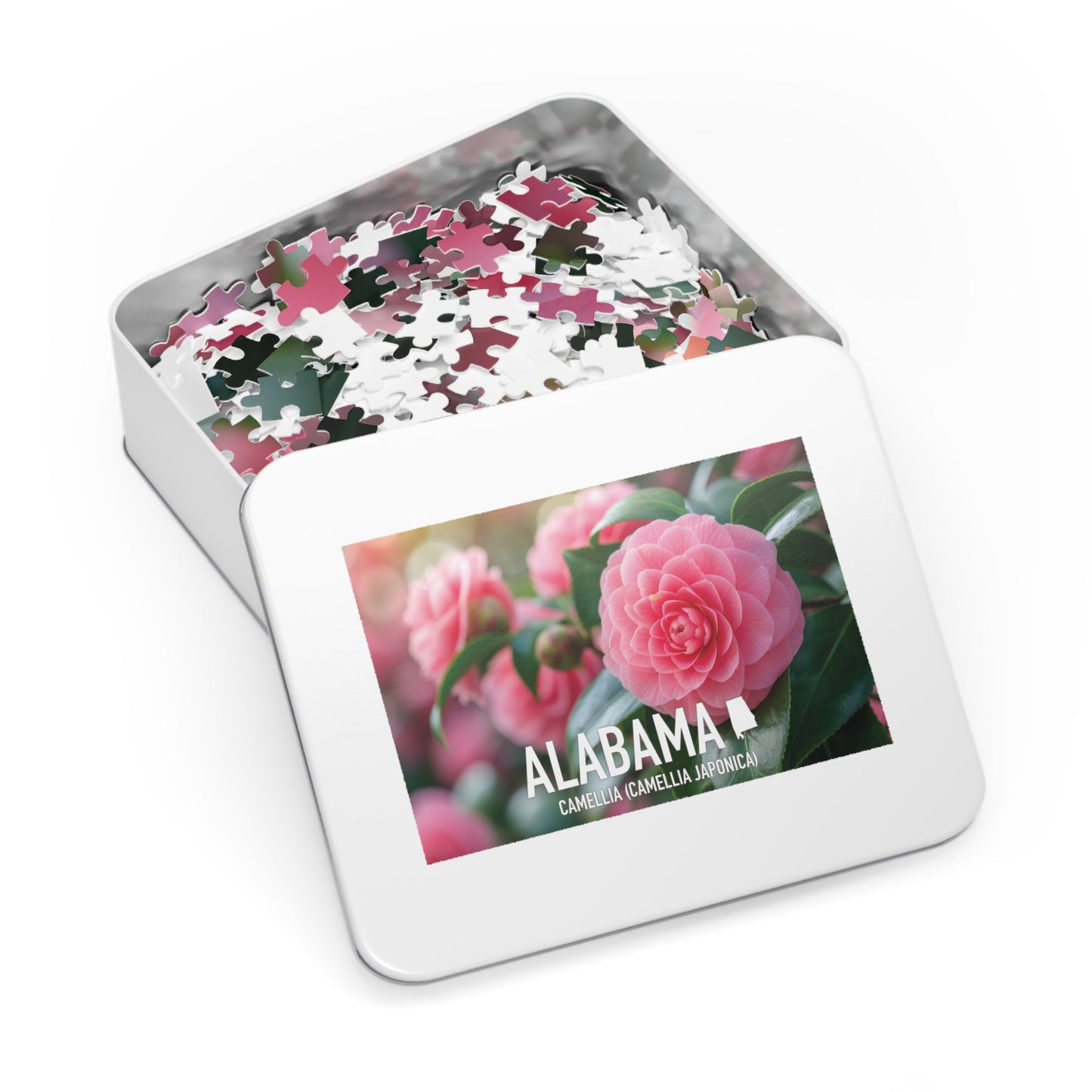 Vibrant Alabama State Flower Camellia Jigsaw Puzzle Set - 110 to 1000 pcs, Metal Box