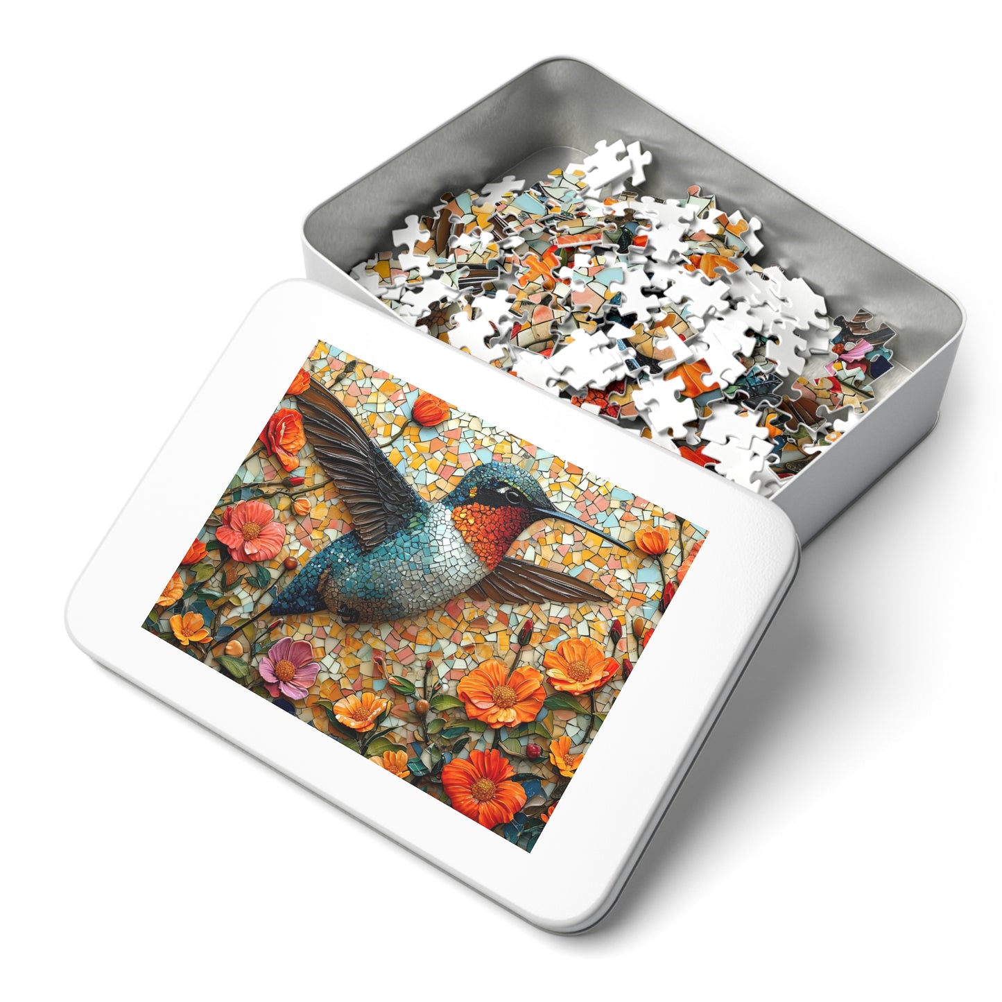 Vibrant Mosaic Hummingbird Puzzle - 110-1000 Pieces, Floral Artistry for Nature Lovers! Metal Box